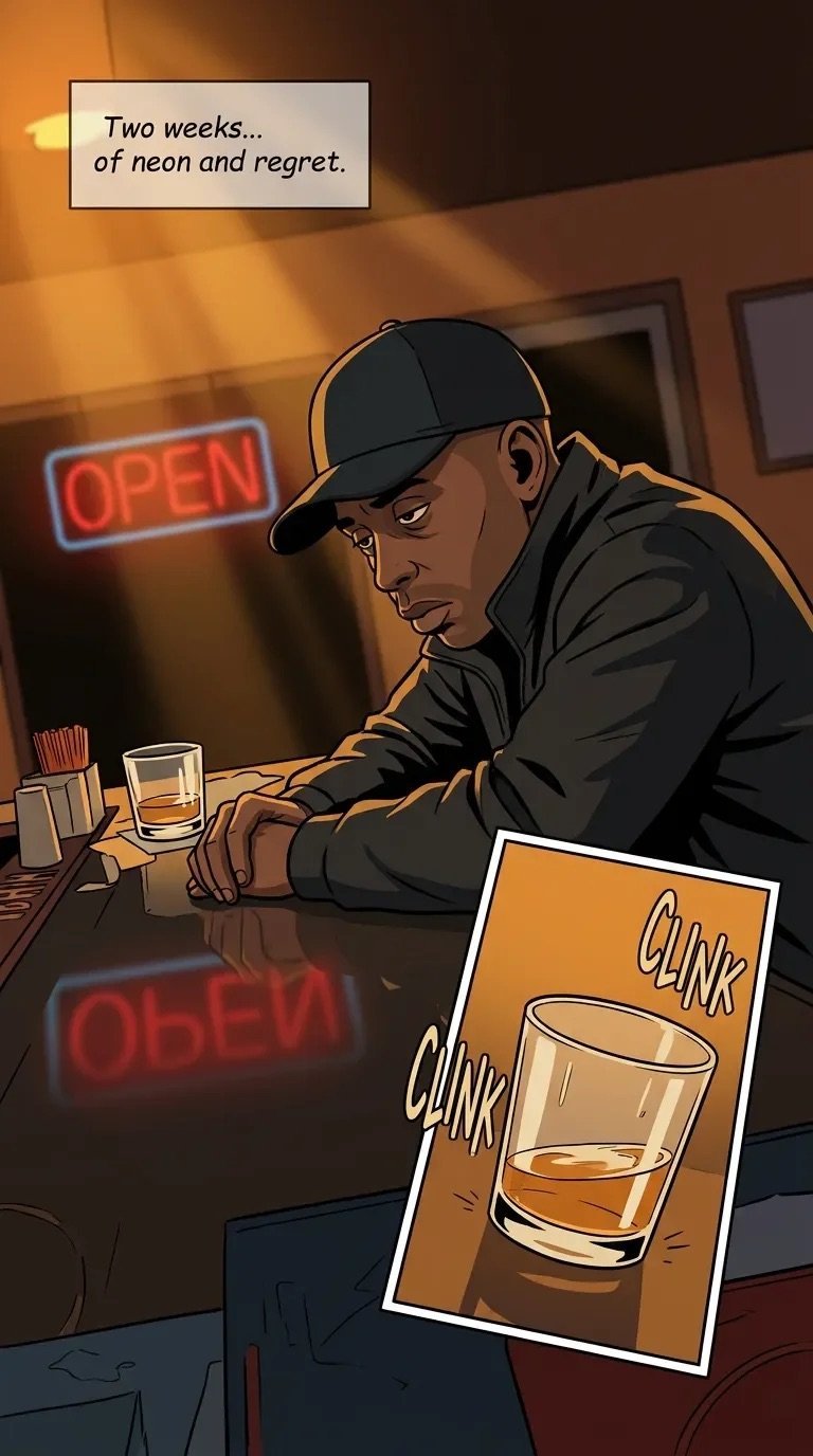 Man in dark clothes and cap sitting alone at a bar counter next to a red neon OPEN sign, drinking whiskey with text Two weeks... of neon and regret