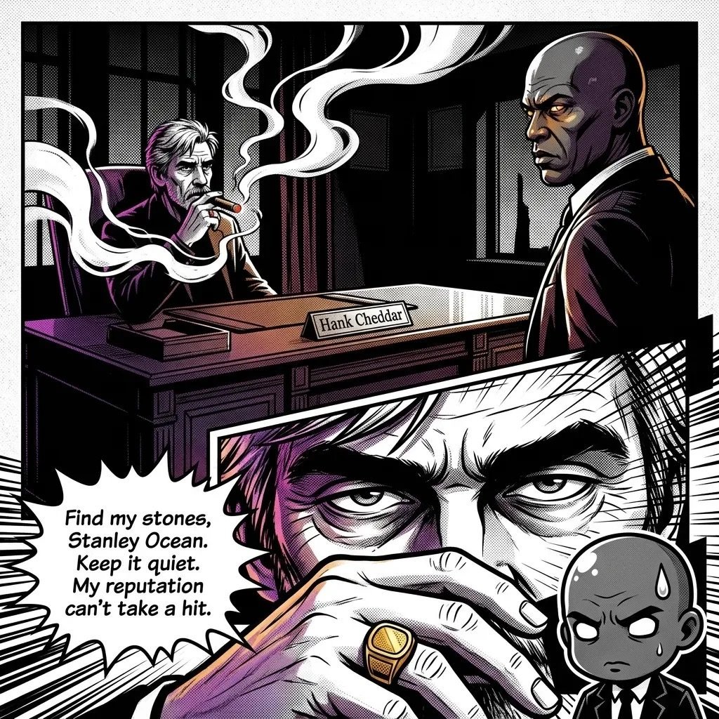 Comic book illustration of two men in an office with a large face in foreground. Text reads: Find my stones, Stanley Ocean. Keep it quiet. My reputation cant take a hit.