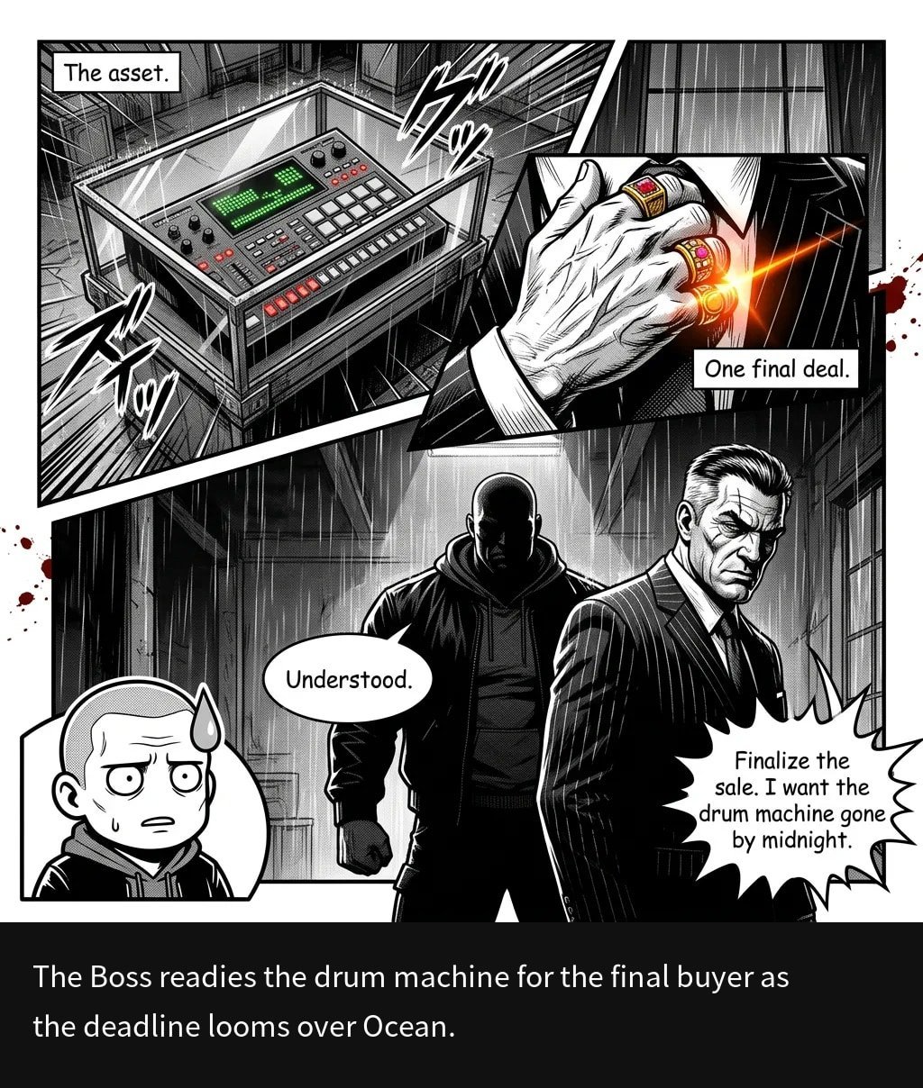 Black and white manga-style comic panel showing a boss preparing a drum machine for sale to a final buyer as a midnight deadline approaches