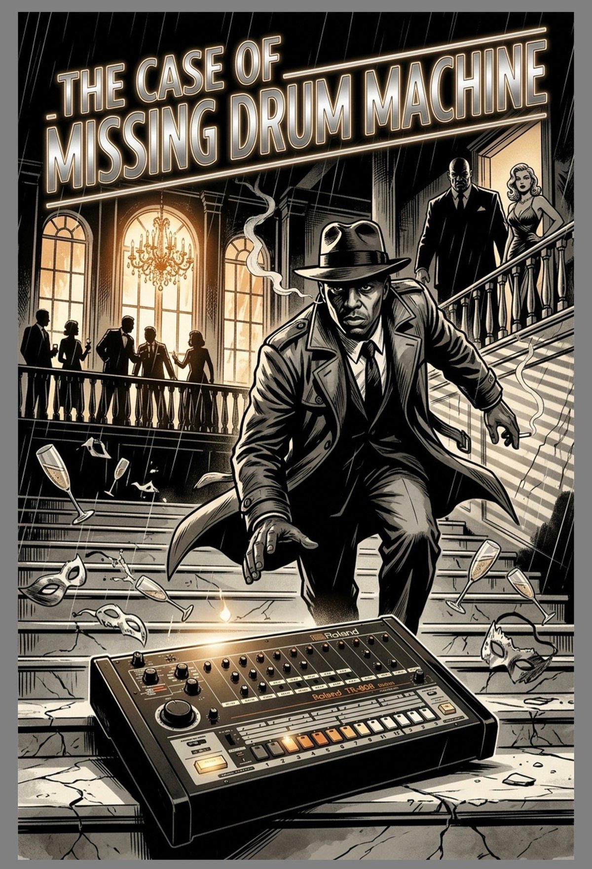 Film noir style poster showing a detective examining a synthesizer drum machine with mysterious figures in background and rain