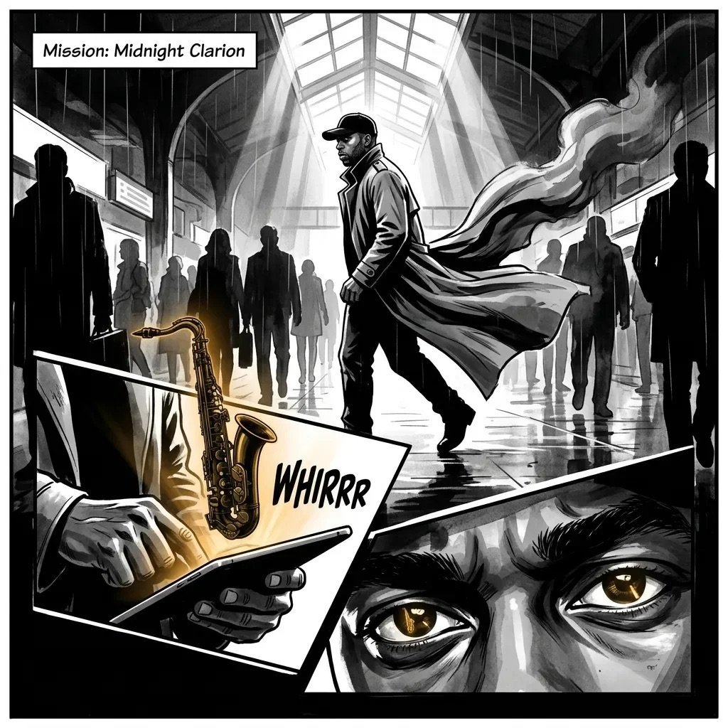 Movie poster for Mission: Midnight Clarion showing a man in a coat with a saxophone and dramatic close-up of eyes in noir style