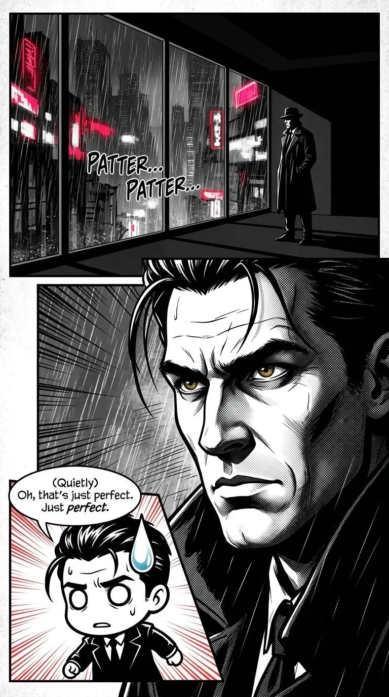 Noir manga scene showing a man in a coat watching rain on a neon-lit city window, with close-up panel of his intense face looming over a worried young character