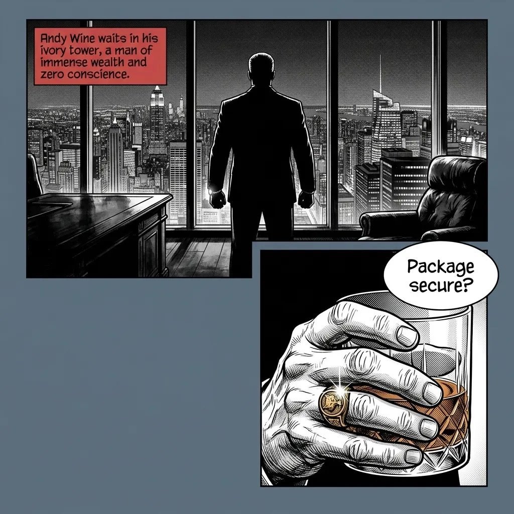 Silhouette of man in suit overlooking city from high-rise office; close-up of hand holding whiskey glass asking Package secure?