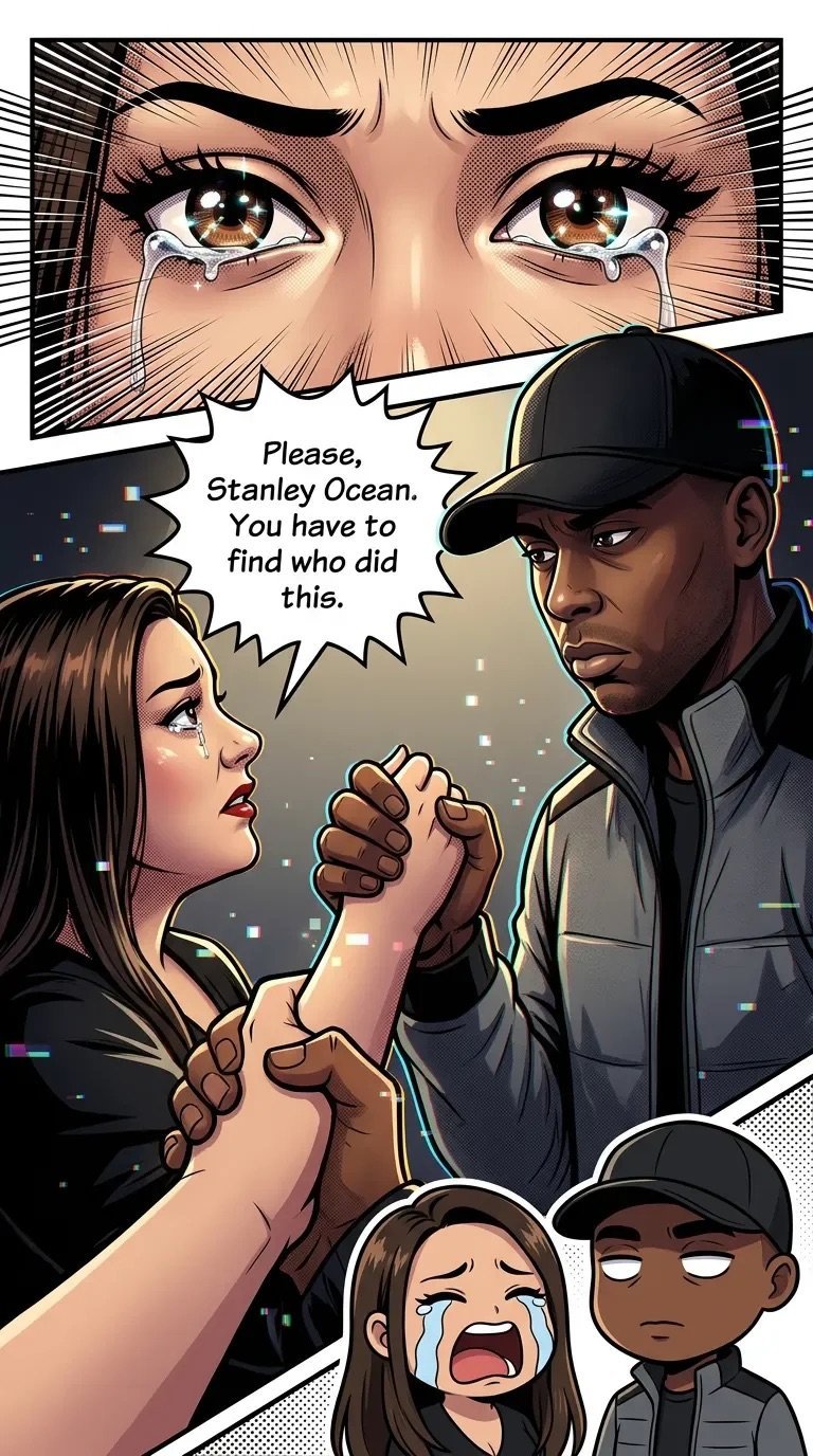 Comic panel showing a woman pleading with a man named Stanley Ocean to find a culprit, with close-up of her tearful eyes and smaller panels of two other characters below