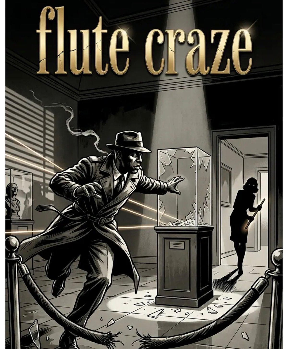 Film noir style poster for Flute Craze showing a man in a suit and hat playing flute while suspended in air with a woman silhouetted in a doorway