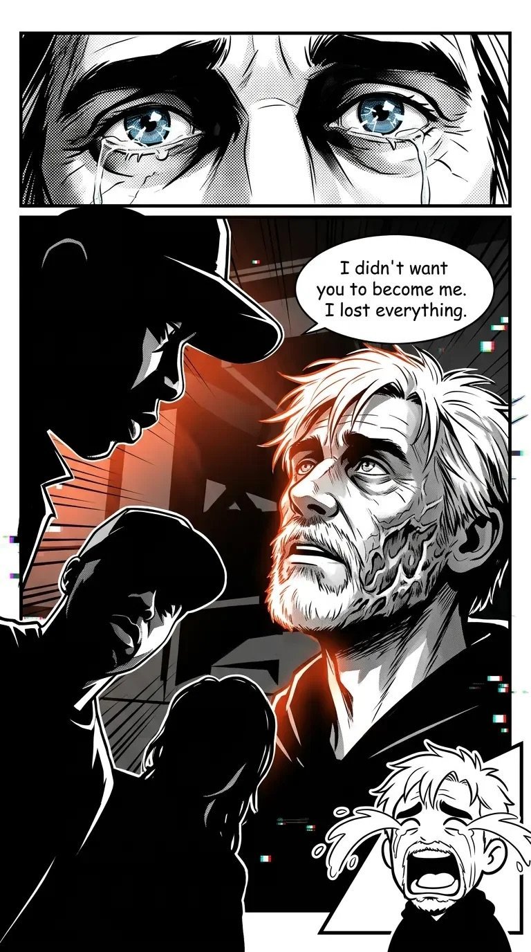 Dramatic comic panels showing a silhouetted figure confronting an older man, with dialogue stating I didnt want you to become me. I lost everything.