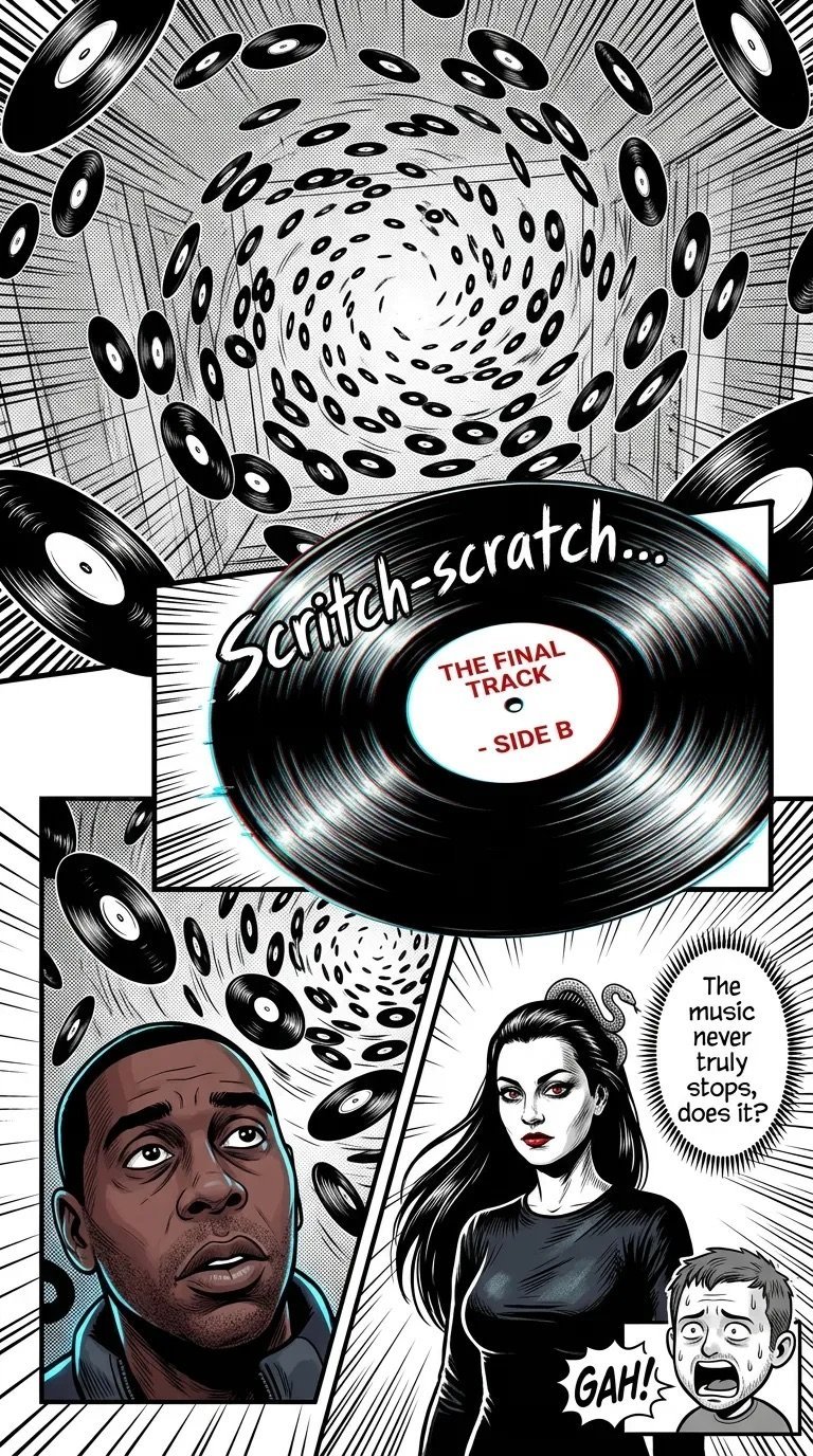 Comic panel showing a man looking up at a spinning vinyl record labeled scratch-scratch with other records swirling overhead and people reacting below