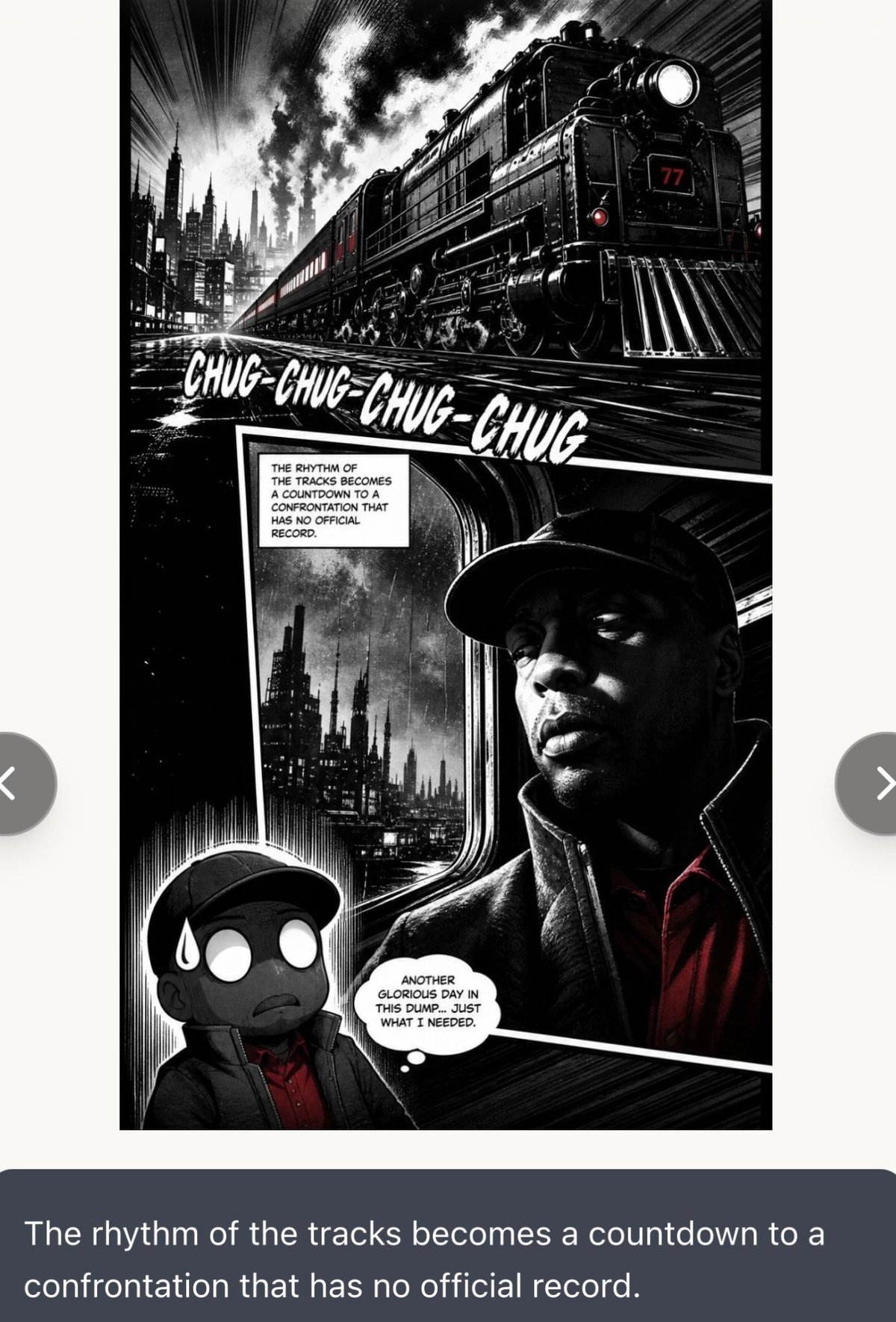 Black and white comic panel showing a steam locomotive with sound effect text CHUG-CHUG-CHUG-CHUG and two characters discussing an impending confrontation in an urban setting.