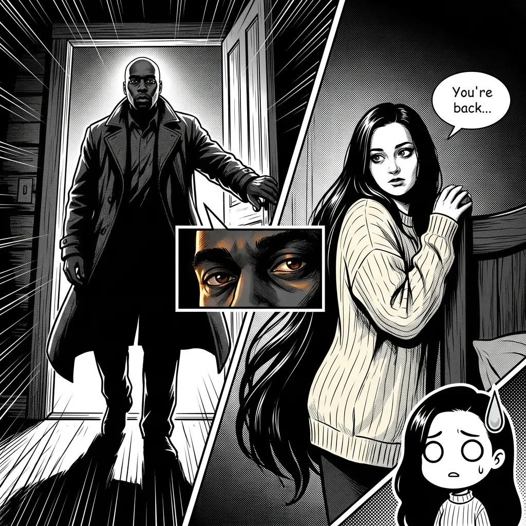 Black and white comic panel showing a menacing figure entering a doorway while a woman says youre back, with a child nearby and a close-up of the figures face inset.