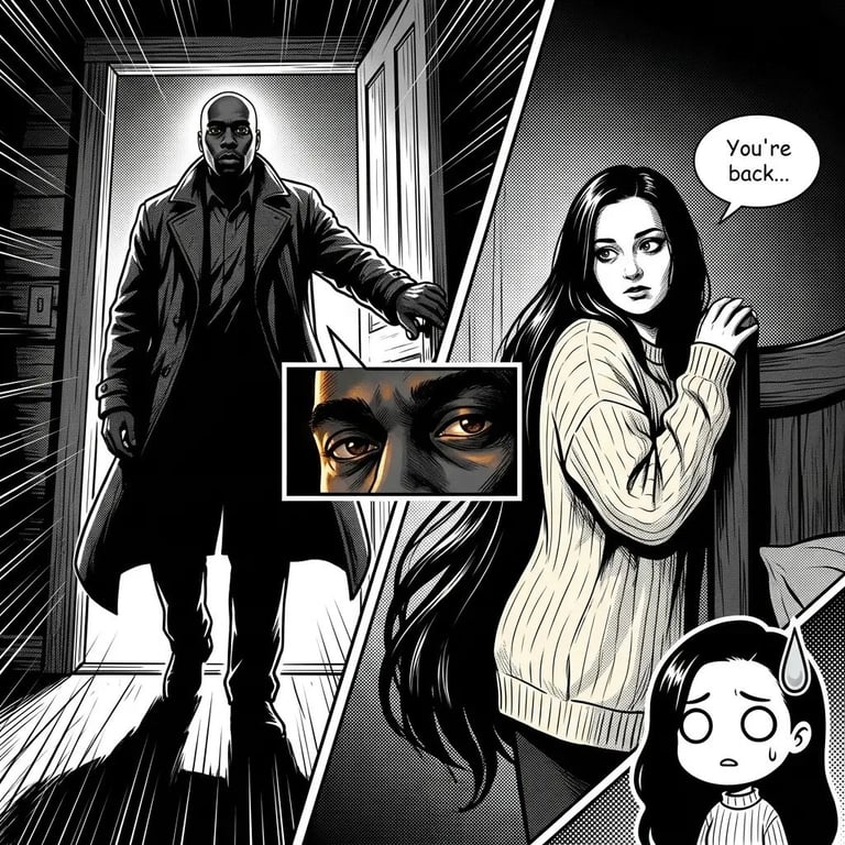 Black and white comic panel showing a menacing figure entering a doorway while a woman says youre back, with a child nearby and a close-up of the figures face inset.