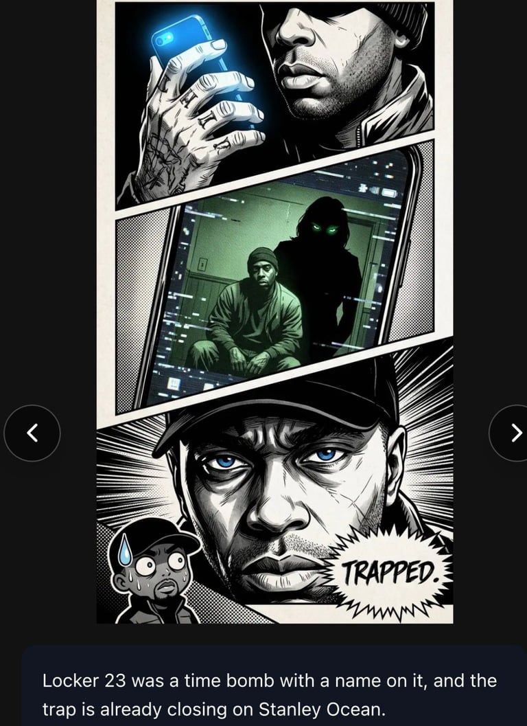 Black and white comic-style illustration showing a man holding a glowing phone, surveillance footage, and close-up faces with text reading TRAPPED