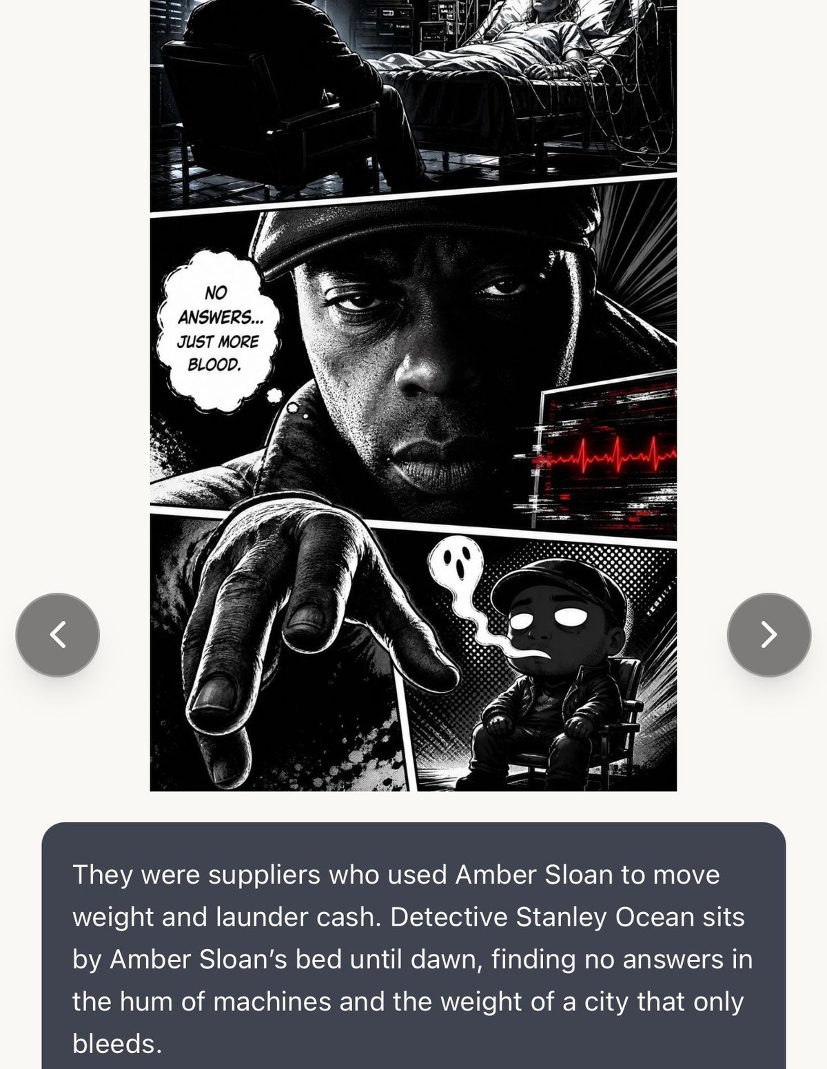 Black and white comic panel showing Detective Stanley Ocean with dialogue No answers, just more blood and a masked figure below