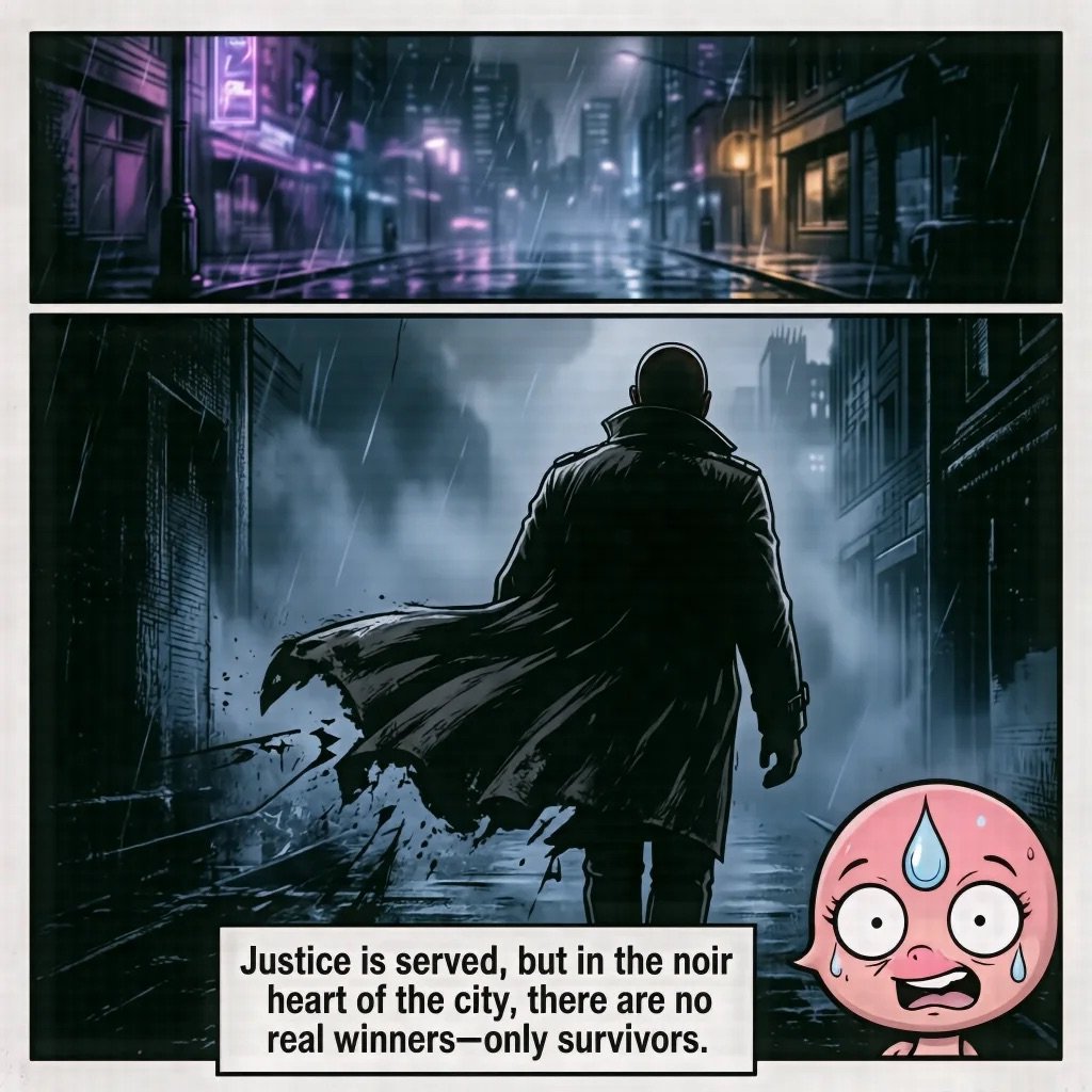 Noir vigilante in cape walking through rainy cyberpunk city with quote about justice and survival