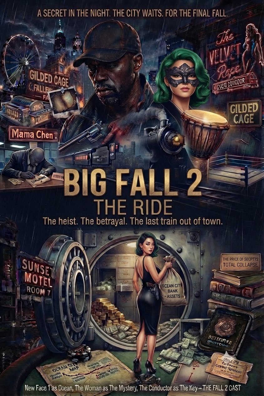 Big Fall 2 The Ride movie poster showing two characters with neon-lit city scenes, heist themes, and text describing a con, betrayal, and train escape