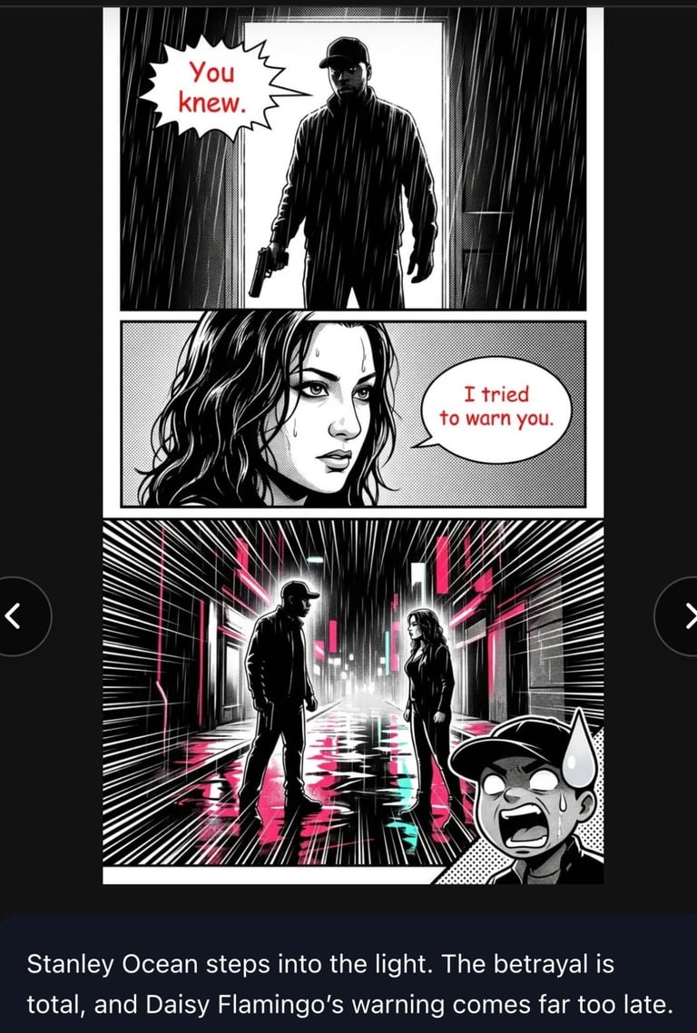 Manga-style comic panels showing a tense confrontation between two characters in the rain, with dialogue about betrayal and warnings.