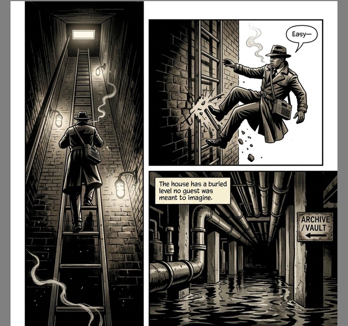 Black and white noir comic panels showing a man on a ladder in a narrow stairwell, kicking through a brick wall, and exploring a flooded underground vault with pipes.