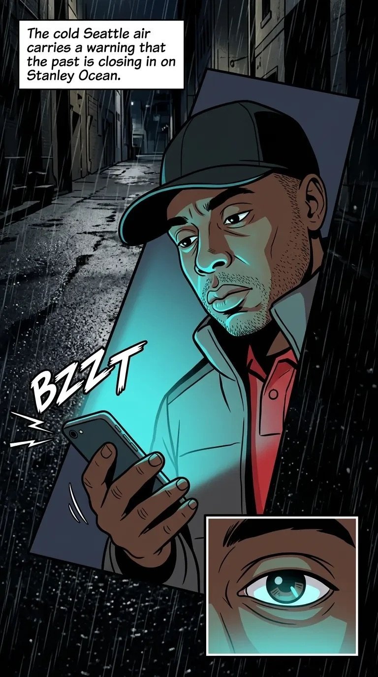 Man in cap holding glowing phone in rainy Seattle alley with text about past closing in on Stanley Ocean
