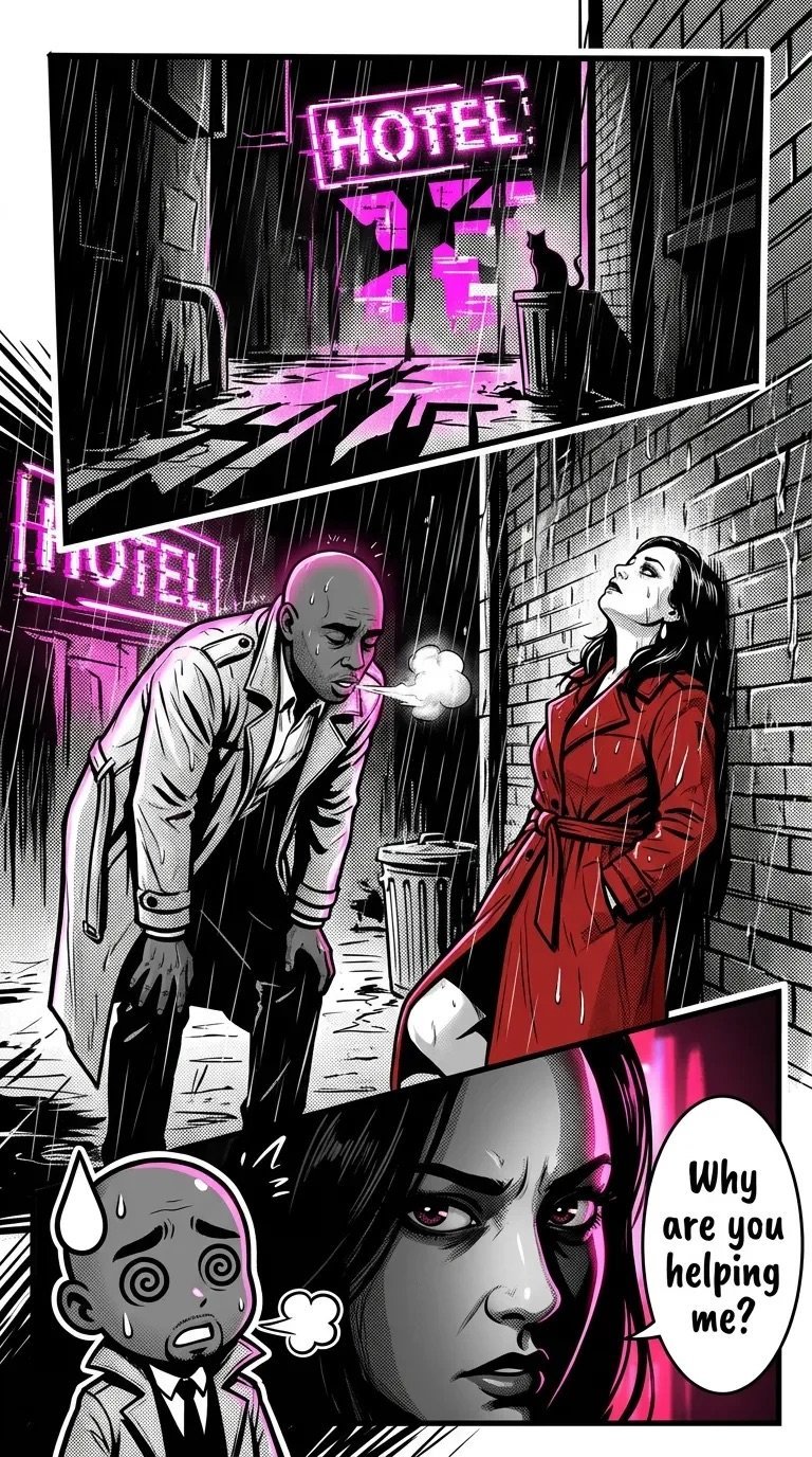 Noir comic panel showing a man and woman in rain outside a hotel at night with glowing pink neon signs