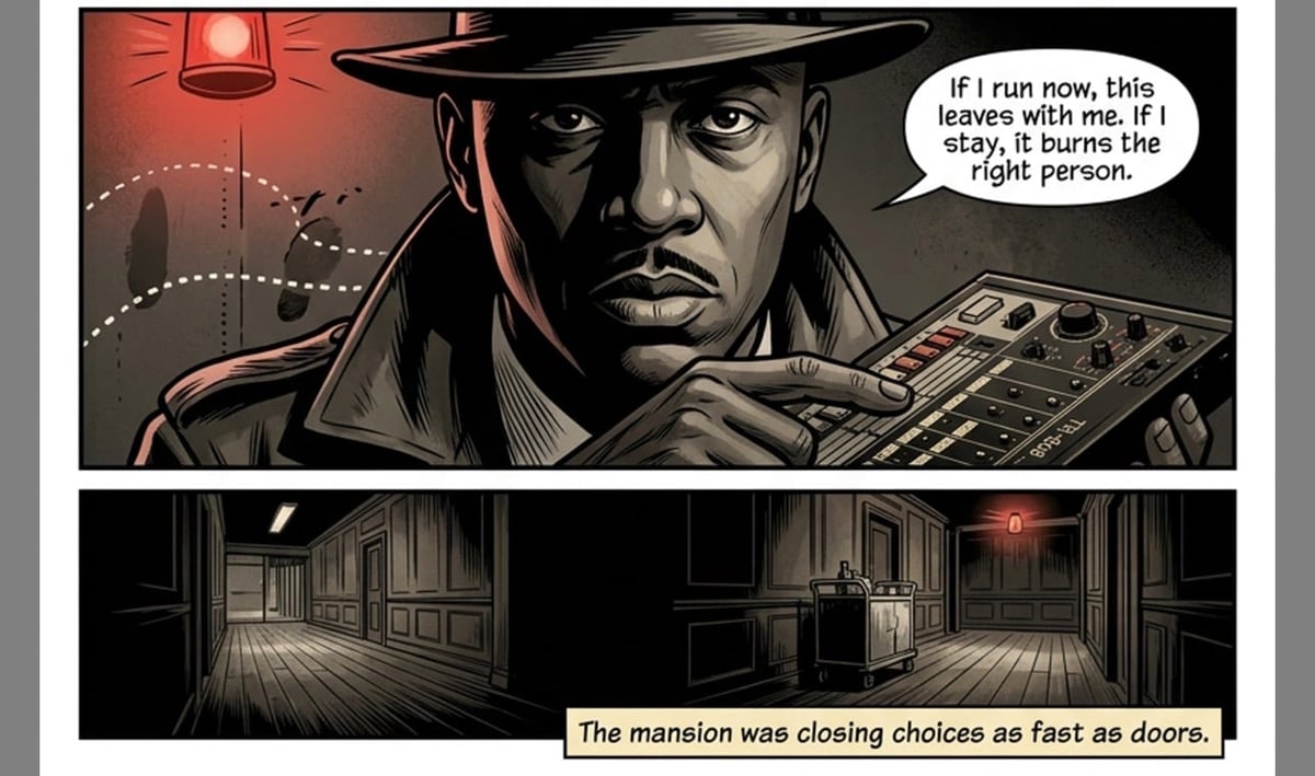 Film noir comic panel showing a man in a hat at a control panel above a corridor, with dialogue about a mansion closing doors.