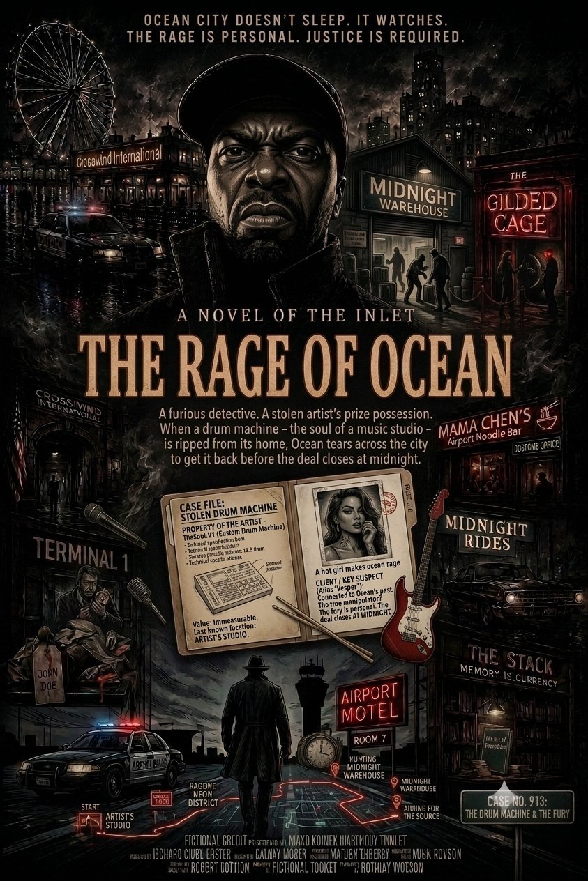 Movie poster for The Rage of Ocean featuring an angry mans face, Ocean City landmarks, and noir mystery imagery with tagline about justice.