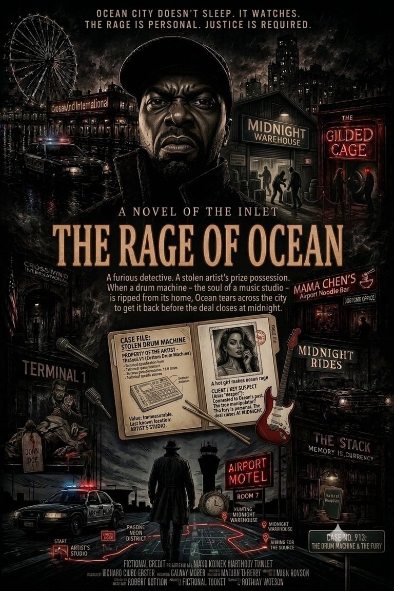 Movie poster for The Rage of Ocean featuring an angry mans face, Ocean City landmarks, and noir mystery imagery with tagline about justice.