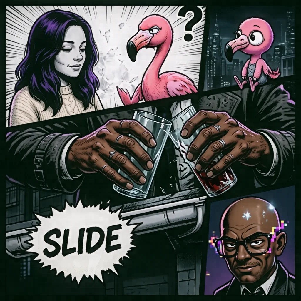 Comic-style artwork showing hands holding guns with speech bubbles featuring cartoon characters and the word SLIDE in the center