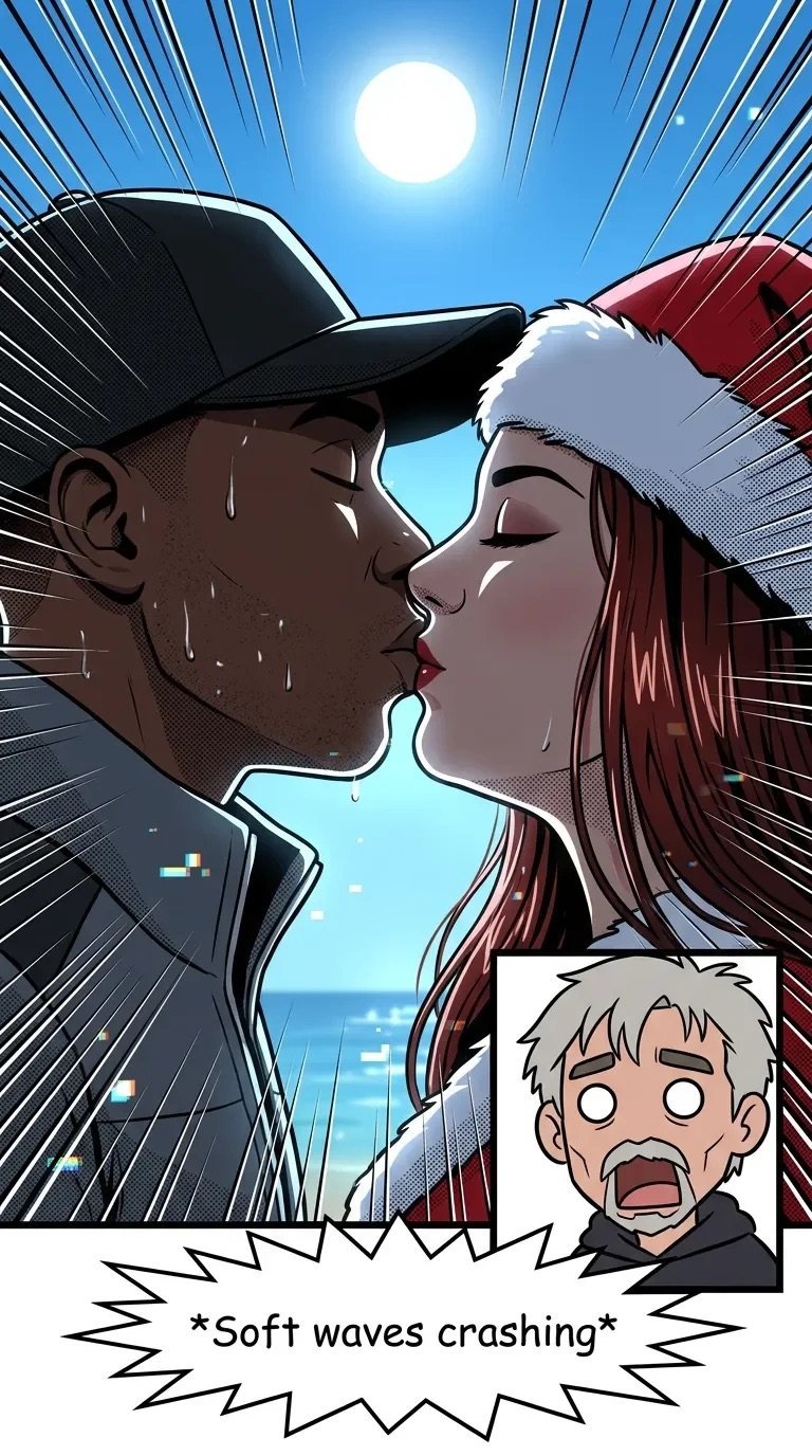 Anime-style illustration of a couple about to kiss under the sun with a shocked reaction inset panel and soft waves crashing text
