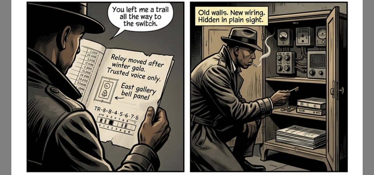 Two comic panels showing men examining electrical diagrams and wiring panels with speech bubbles about circuit testing and hidden wiring.