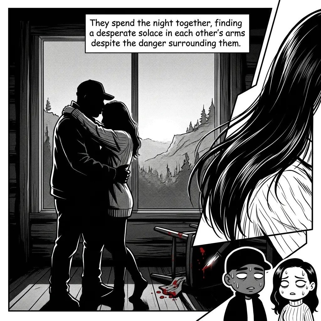Black and white manga panel showing two figures embracing by a window overlooking mountains, with characters in lower right corner