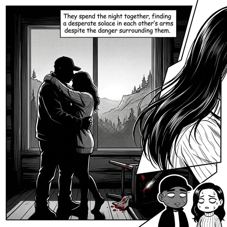 Black and white manga panel showing two figures embracing by a window overlooking mountains, with characters in lower right corner