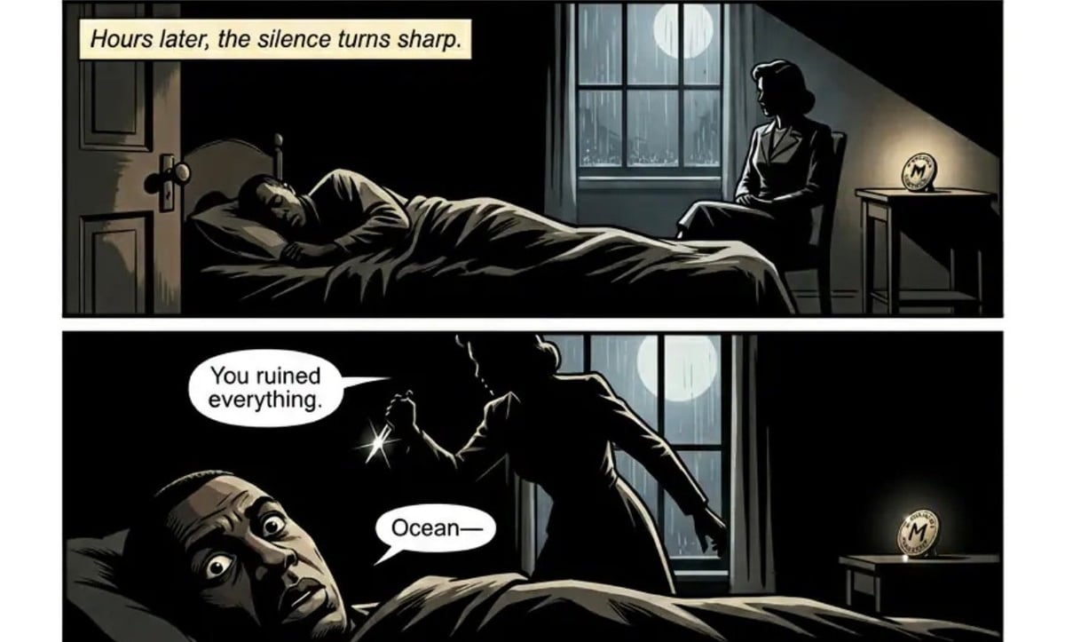 Dark comic panels showing a tense bedroom confrontation. Top panel: person lying in bed while a shadowy figure stands by the window. Bottom panel: close-up of persons shocked face with dialogue saying You ruined everything and Ocean.