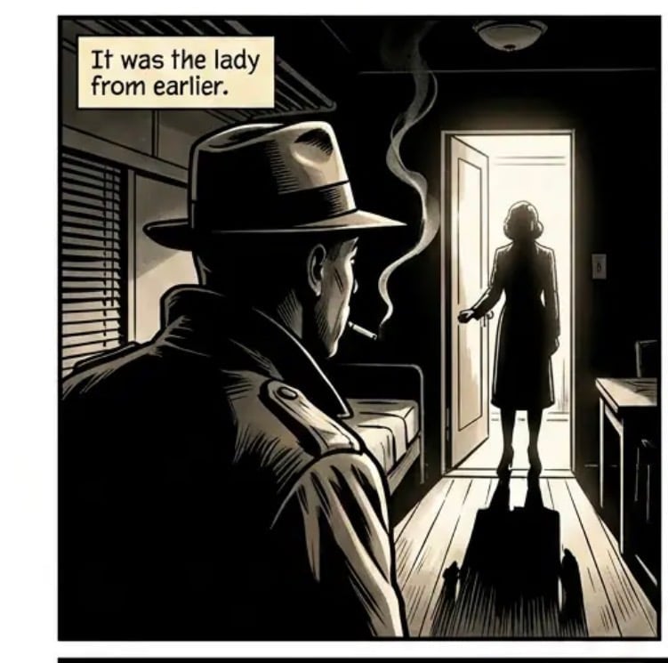 A noir-style illustration of a man in a fedora and coat standing in a darkened hallway, looking back at a woman silhouetted in a doorway behind him.