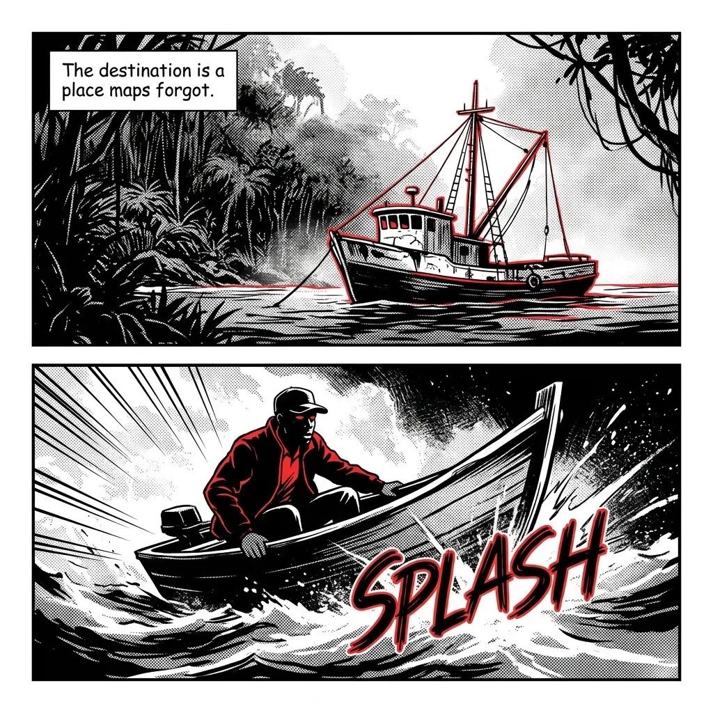 Comic panel sequence: ship in jungle with quote about forgotten place maps, man capsizes small boat with splash sound effect