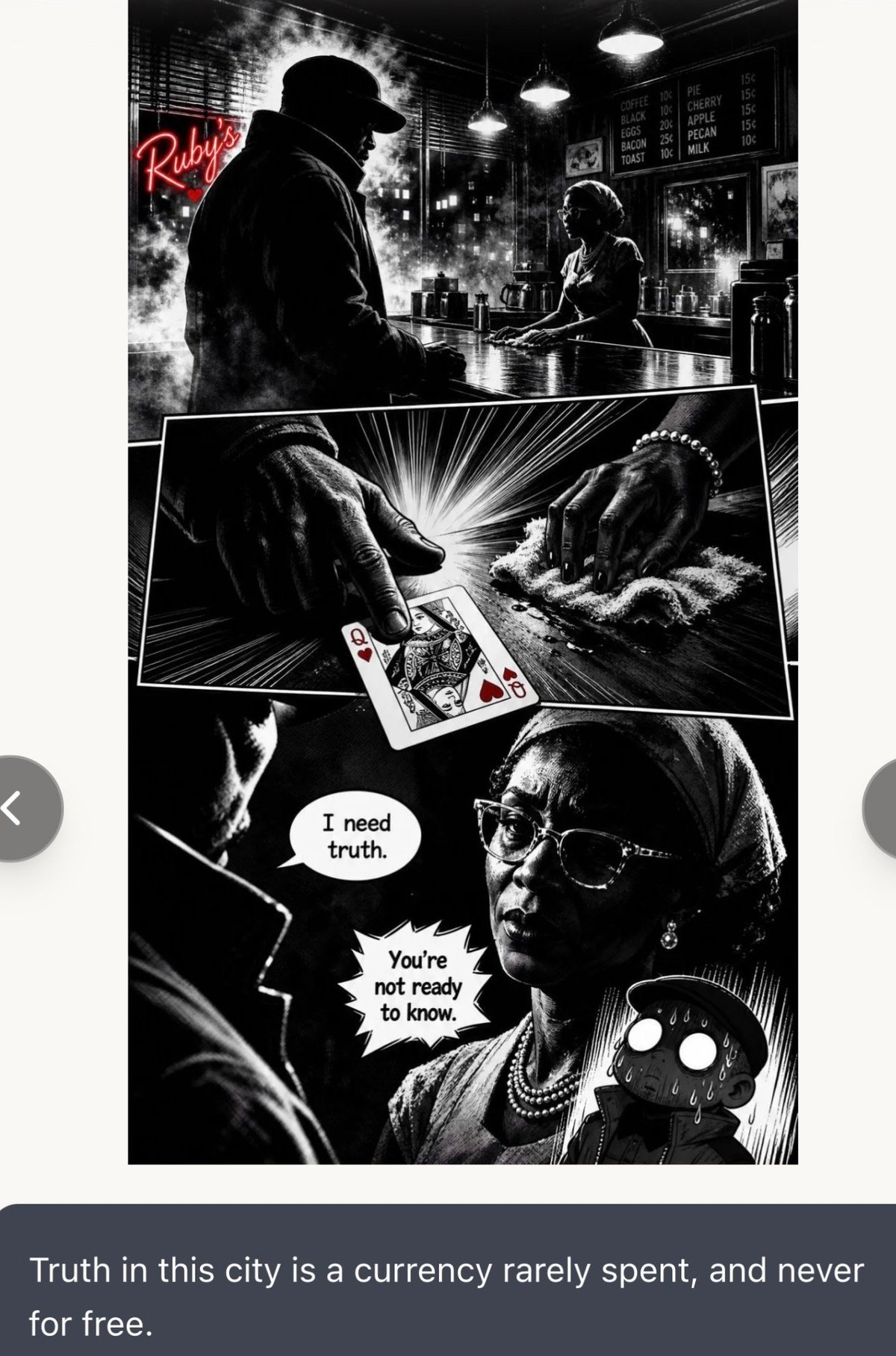 Black and white noir comic panel showing two figures in a dimly lit bar with a neon sign, playing cards, and dialogue about truth