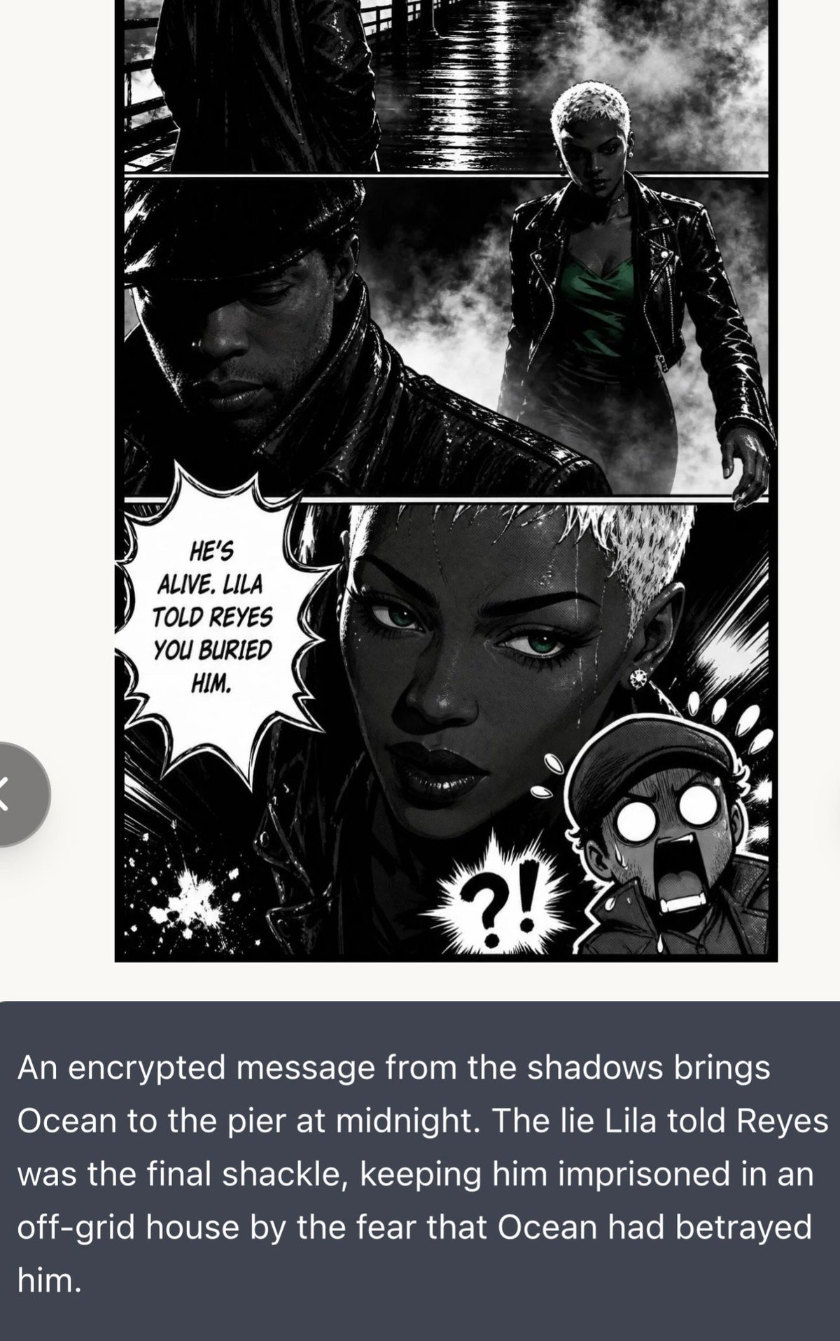 Black and white manga-style comic panel showing characters in dramatic noir aesthetic with dialogue about Ocean being alive and a character named Lila.