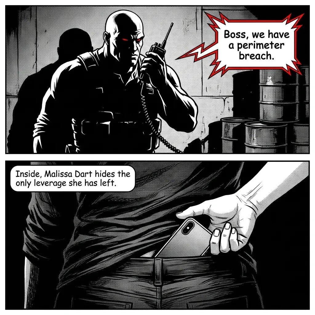Black and white comic panel showing armed operatives during a perimeter breach, with character hiding leverage inside jacket