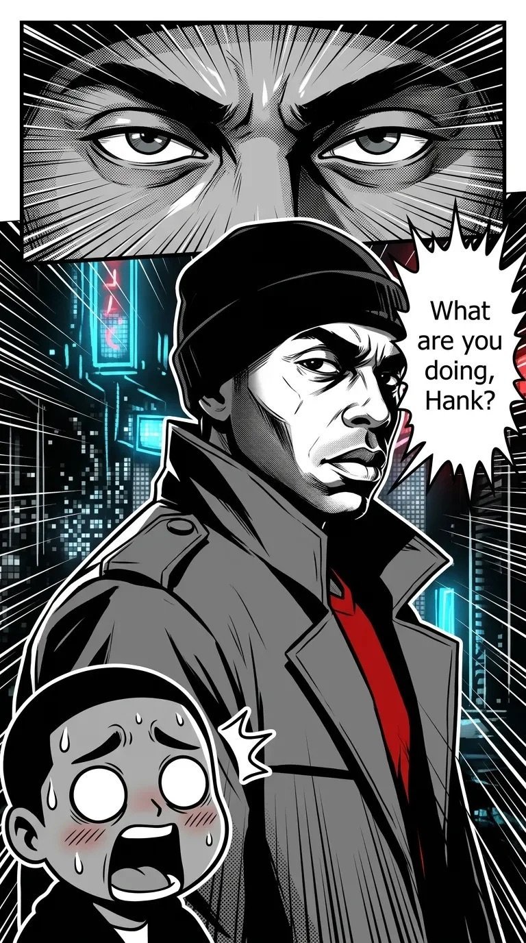 Black and white manga panel showing a stern man in a cap and coat with a frightened character below, with large menacing eyes looming above them.