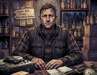 Illustration of a stern man at a desk surrounded by bottles and security equipment in a storage locker room setting
