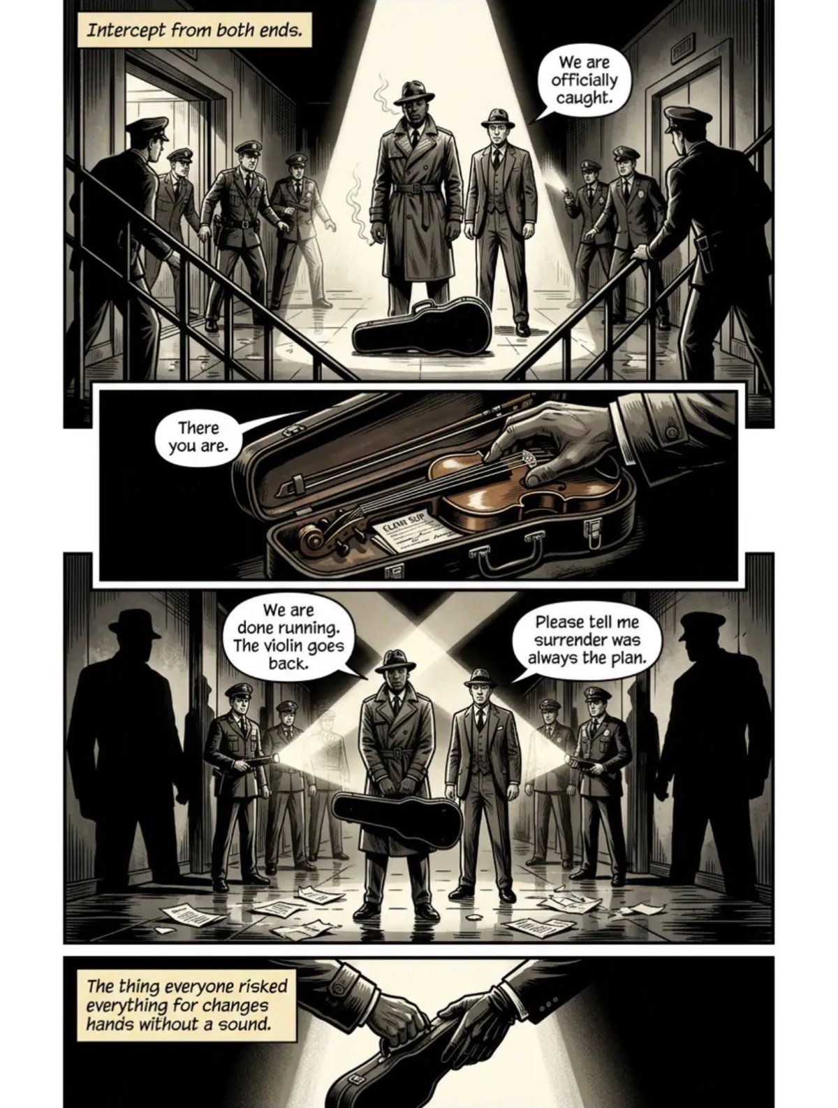 Black and white comic panel showing men in suits intercepting a violin exchange, with dialogue about a surrender plan and hands trading the instrument.