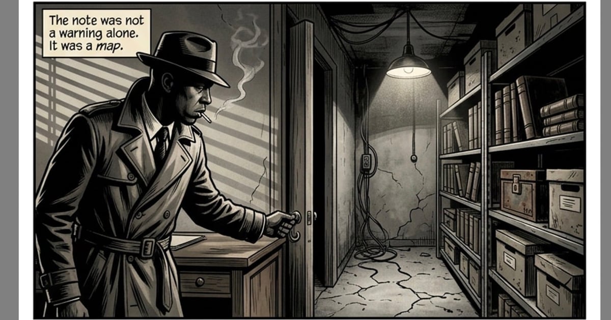 Film noir style illustration of a detective in a trench coat and fedora examining a note in a library or study room
