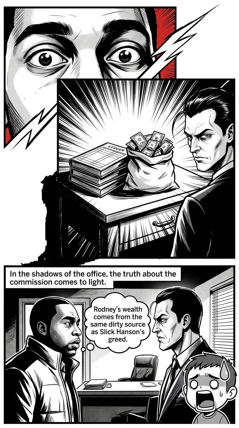 Black and white comic panel revealing a corporate conspiracy: a man discovers bags of money while another confronts him about corrupt wealth sources in an office setting