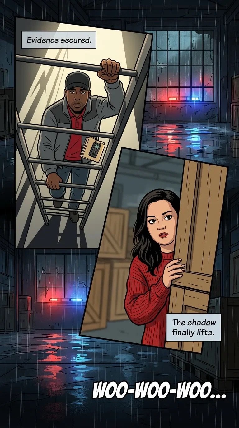 Comic panel showing two characters in a crime scene: man climbing through window holding evidence, woman discovering a shadow lifting as police lights flash outside