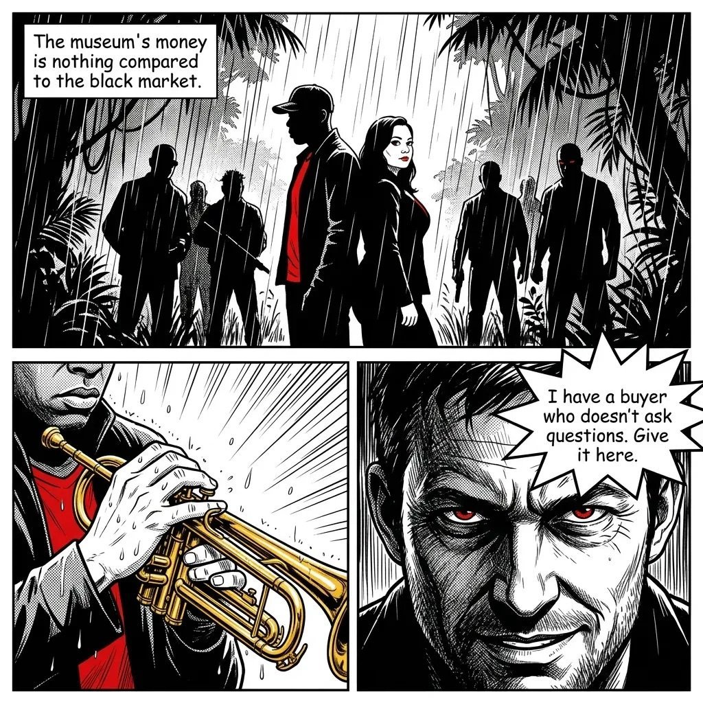 Comic panel showing criminals discussing stolen museum artifacts in the rain, with close-ups of a golden trumpet and a menacing mans face