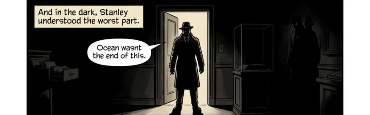 Silhouetted figure standing in doorway with text bubbles discussing a dark revelation about Stanley and the ocean
