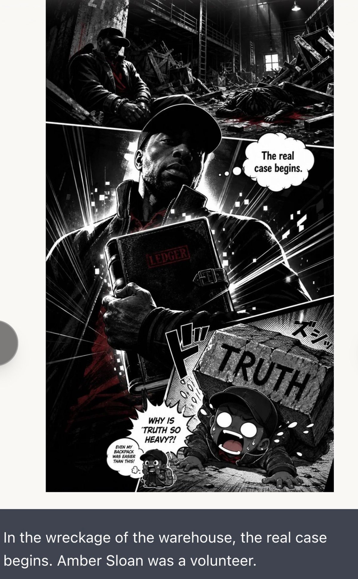 Black and white comic panel showing a detective examining files in a warehouse with speech bubbles saying The real case begins and Why is truth so heavy?