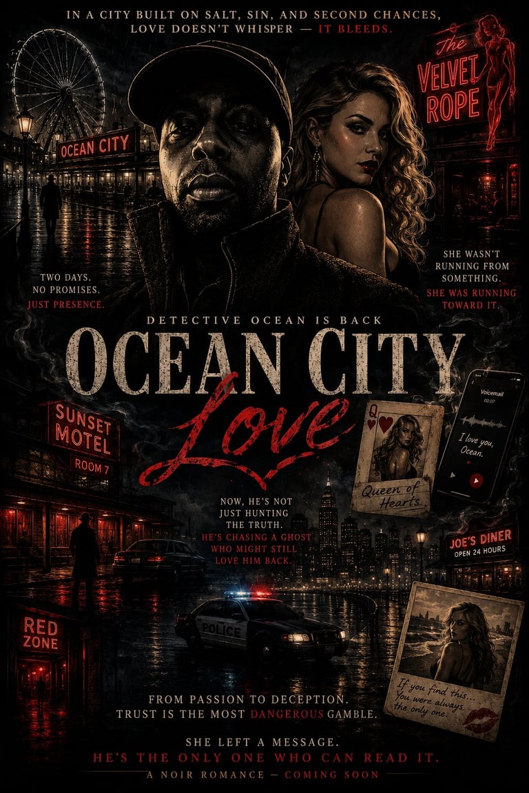 Ocean City Love movie poster featuring a detective and woman with neon-lit cityscape, motel, and police car in noir style