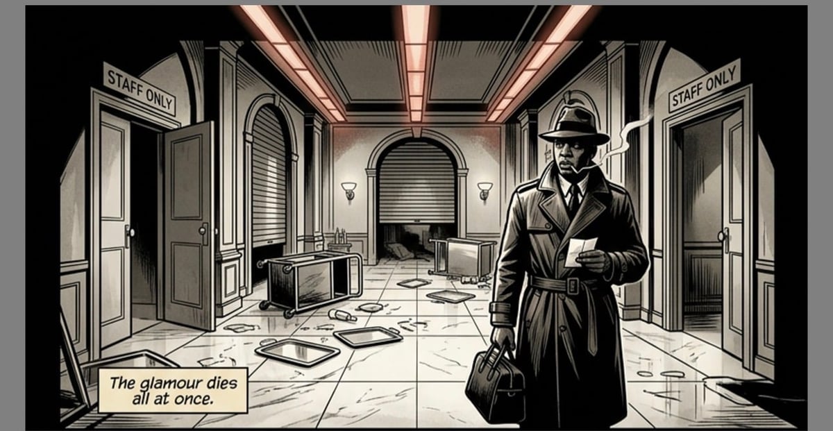 Film noir style illustration of a detective in a coat and hat standing in a cluttered art deco hallway with doors on either side