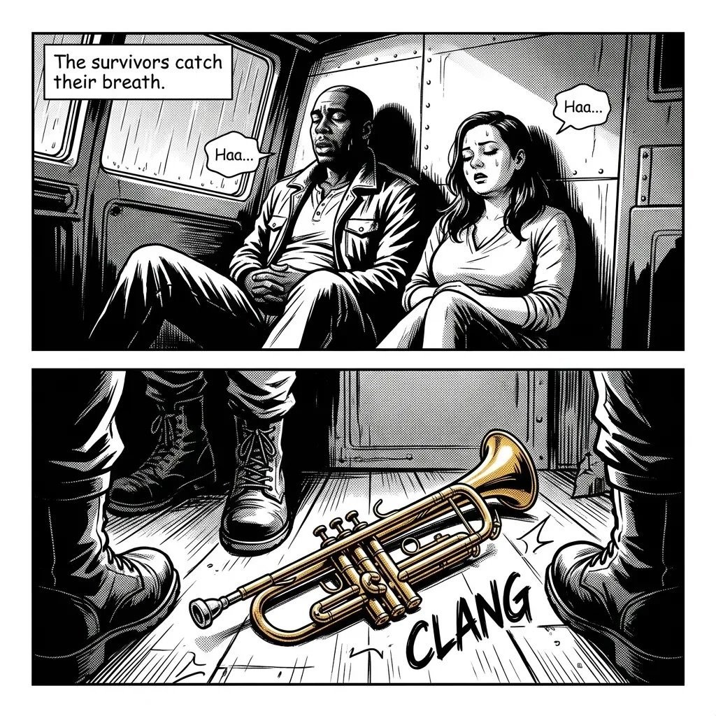 Comic panel showing two survivors reacting in shock as a trumpet falls to the floor with a loud clang sound