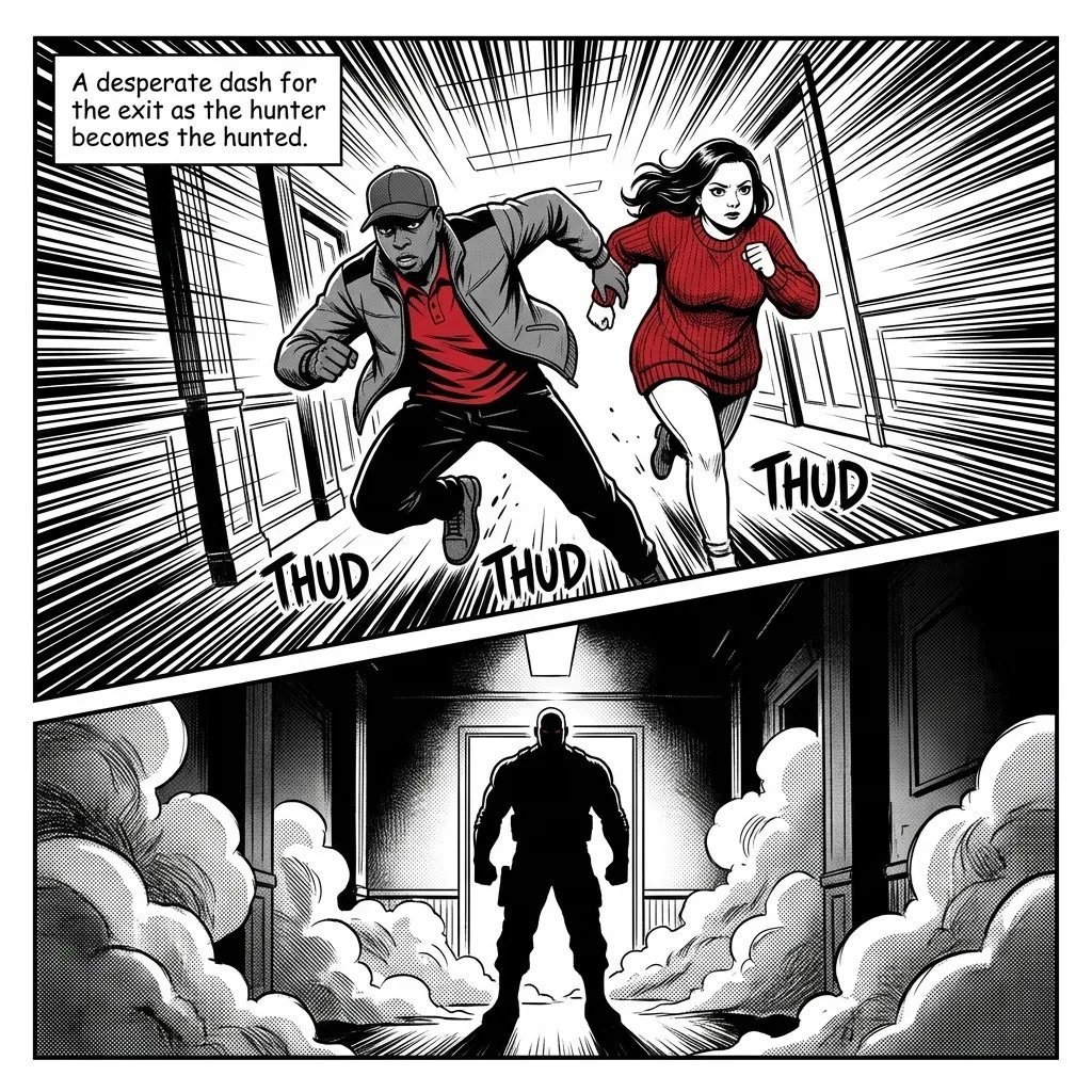 Comic panel showing two people fleeing down a hallway while being chased by a shadowy figure approaching through a doorway