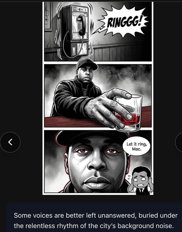 Black and white comic panel sequence showing a man ignoring a ringing phone, with text about leaving voices unanswered.